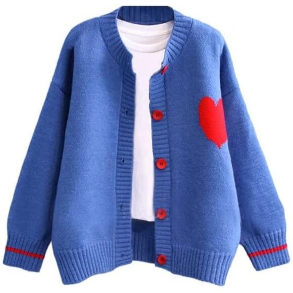 Women's Heart Print Knitted Cardigan Small Cozy Casual Kids Wear - Picture 2 of 7